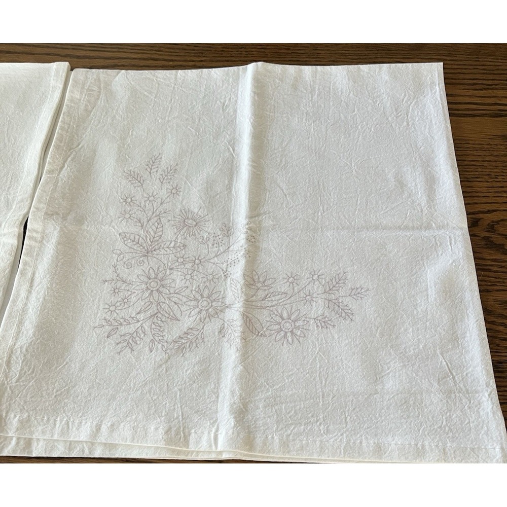 Vintage Stamped Embroidery Tea Towels Set of 2 White Cotton Kitchen Towel Flower